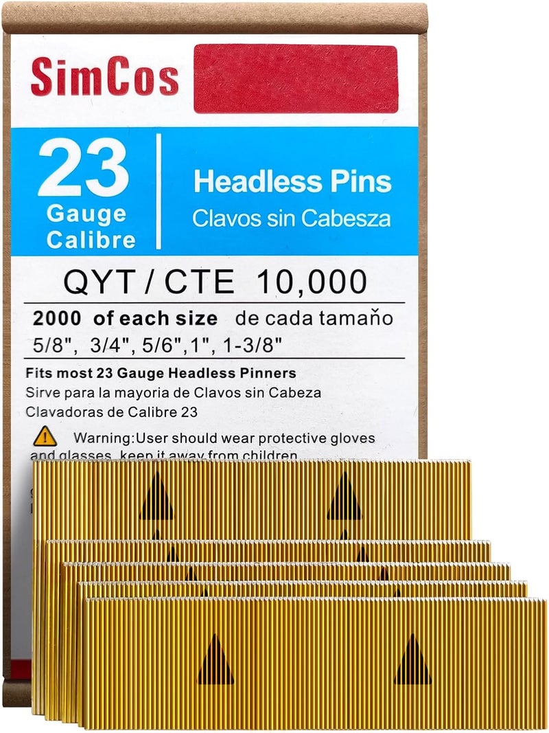 SimCos 23 Gauge Pinner Nails Headless Pin Nails for 23 GA Pneumatic or Electric Pinner or pin Gun,Project Pack (5/8"+3/4"+5/6"+1"+1-3/8" -10000 pcs) - Image 1